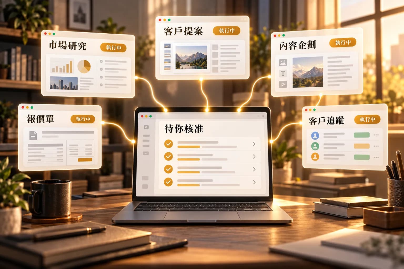 一台筆電周圍浮著五個工作視窗，全部連向一張待你核准的清單。