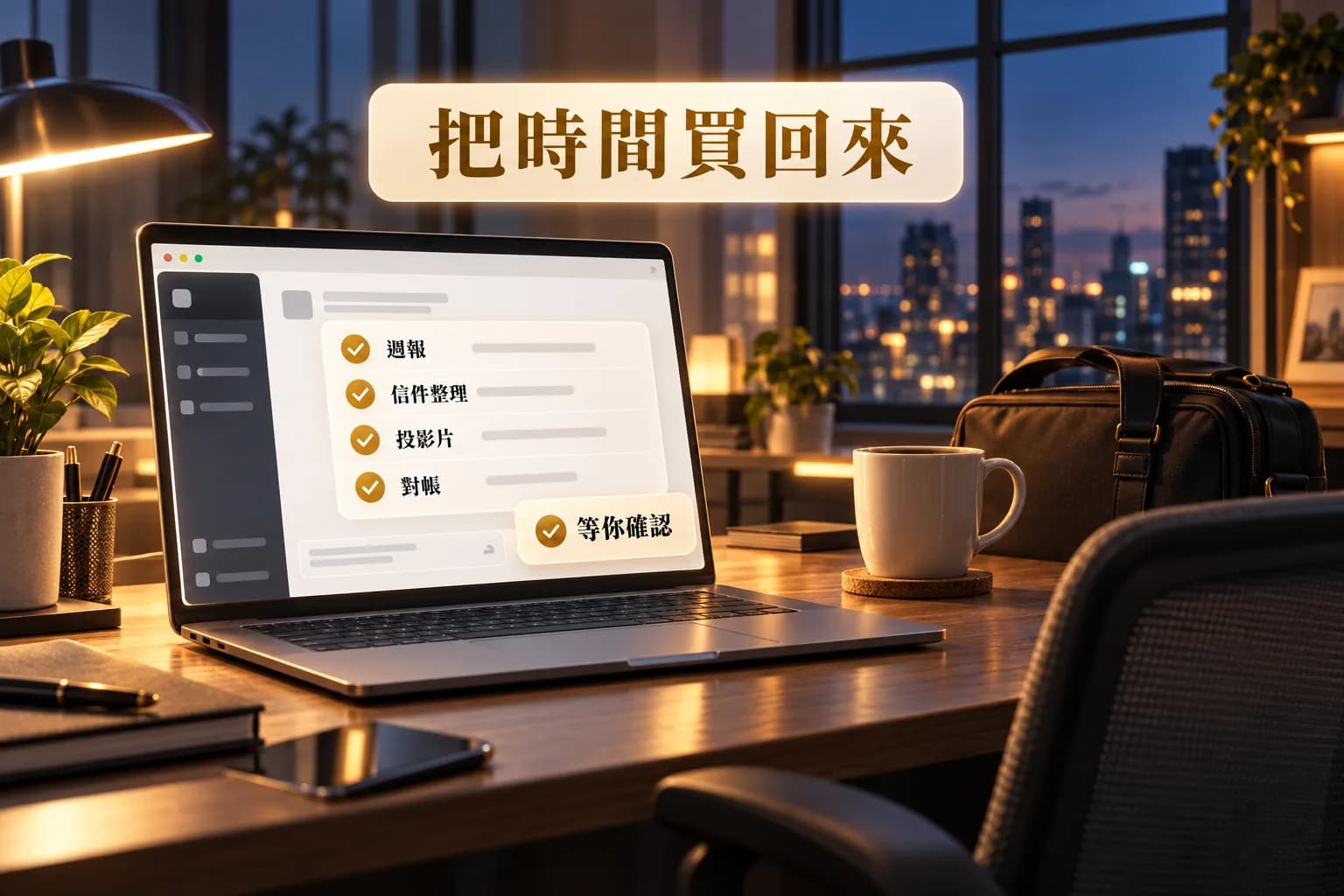 傍晚的辦公桌，筆電上的任務都已打勾、等你確認，椅子是空的。