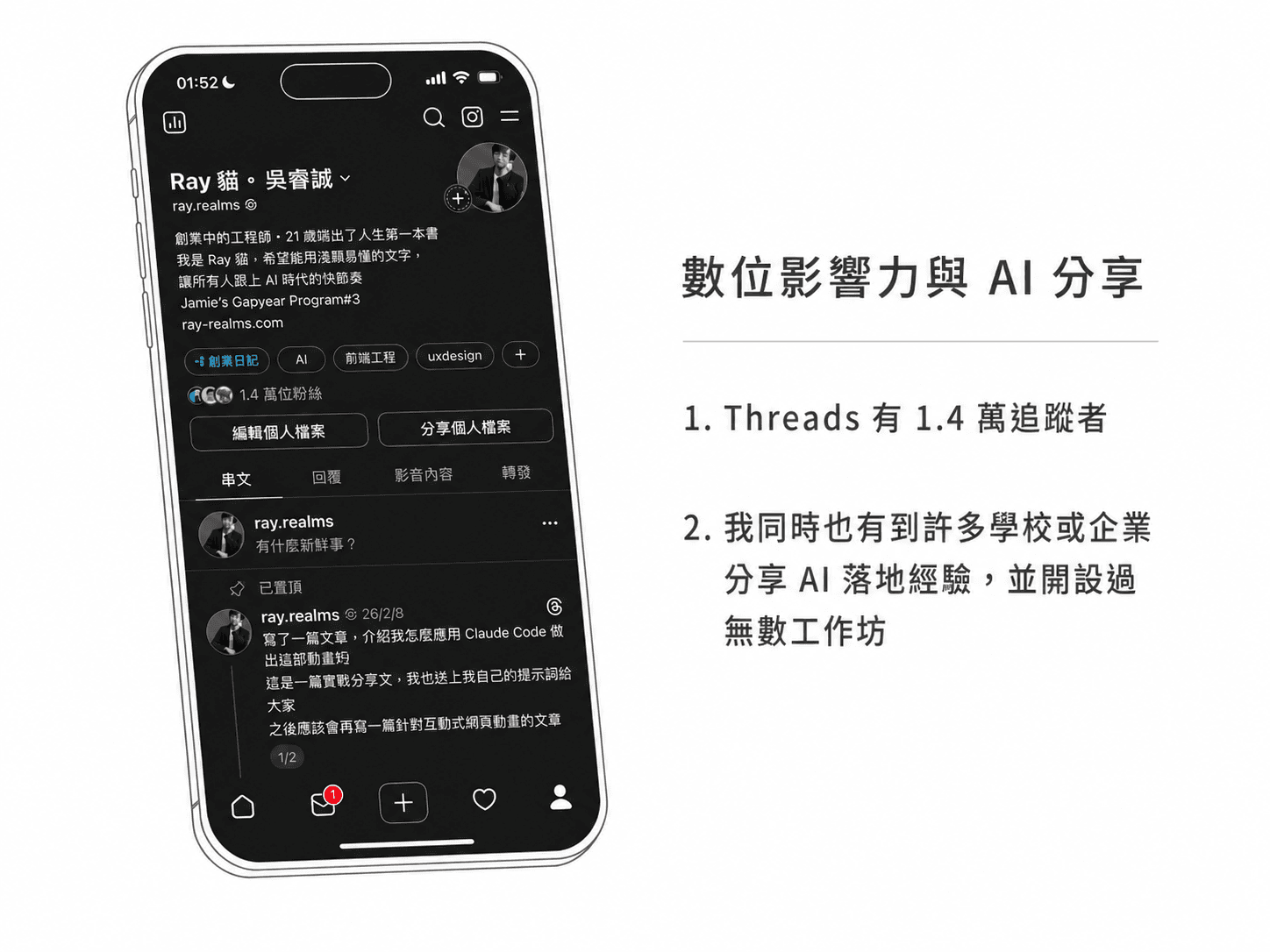 Ray 貓數位影響力：Threads 1.4 萬追蹤者，分享 AI 落地經驗與工作坊