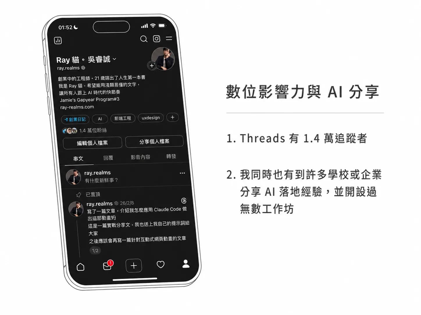 Ray 貓數位影響力：Threads 1.4 萬追蹤者，分享 AI 落地經驗與工作坊