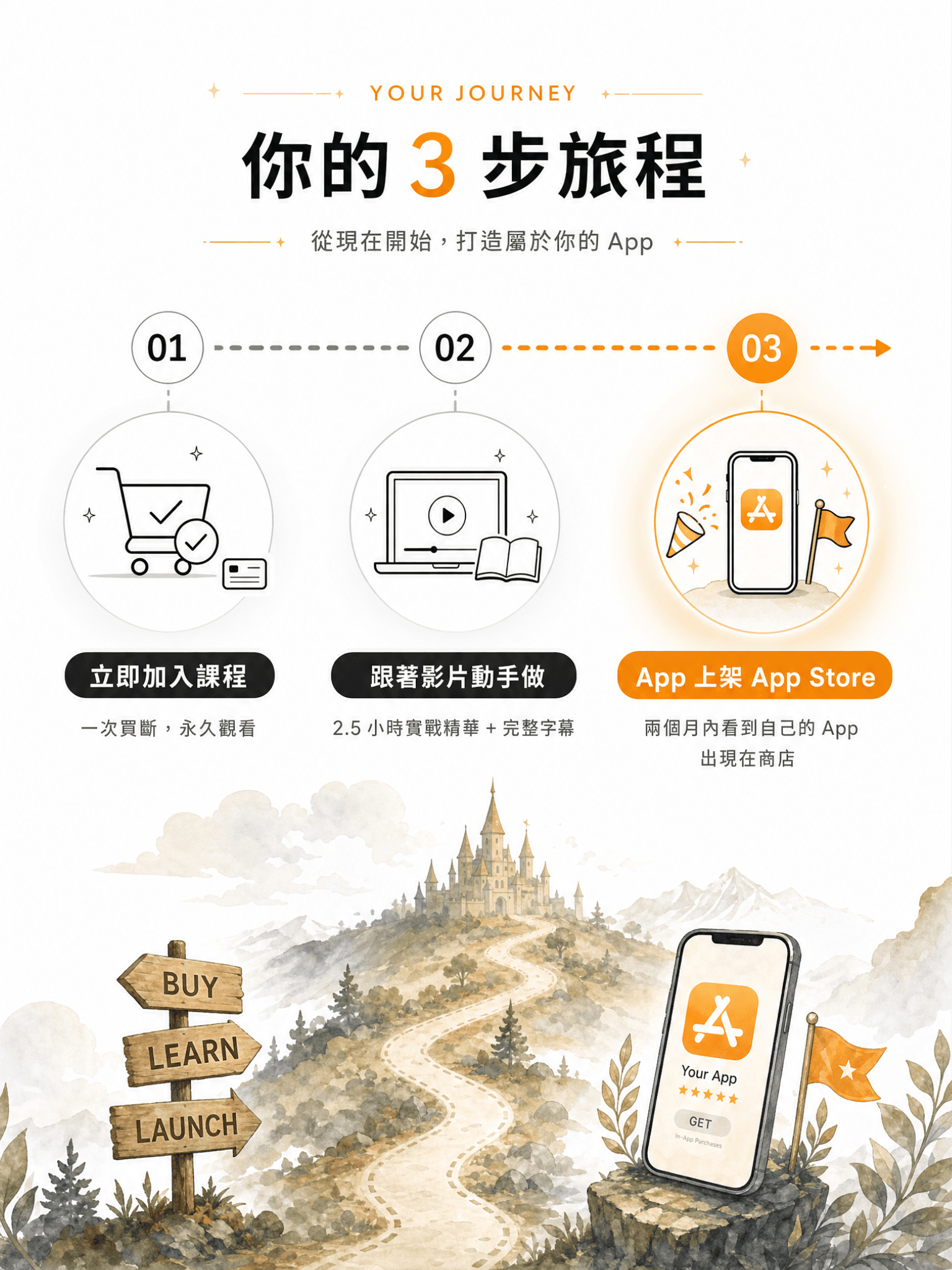 你的 3 步旅程：01 立即加入課程（一次買斷，永久觀看）→ 02 跟著影片動手做（2.5 小時實戰精華 + 完整字幕）→ 03 App 上架 App Store（兩個月內看到自己的 App 出現在商店）