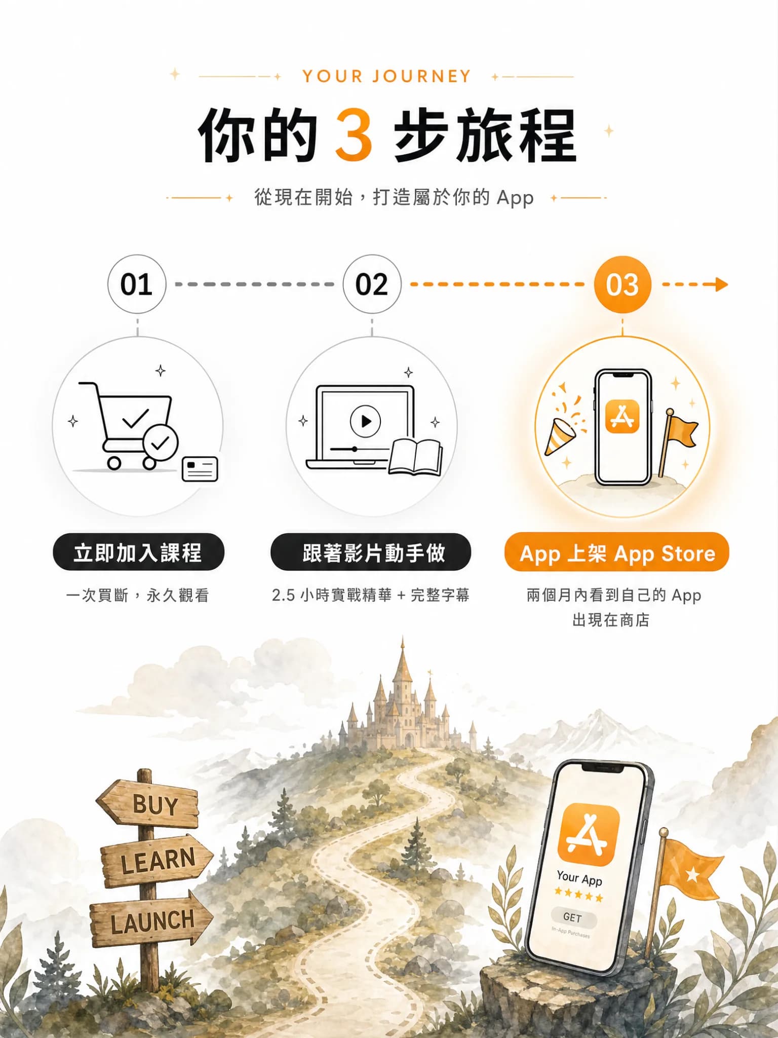 你的 3 步旅程：01 立即加入課程（一次買斷，永久觀看）→ 02 跟著影片動手做（2.5 小時實戰精華 + 完整字幕）→ 03 App 上架 App Store（兩個月內看到自己的 App 出現在商店）