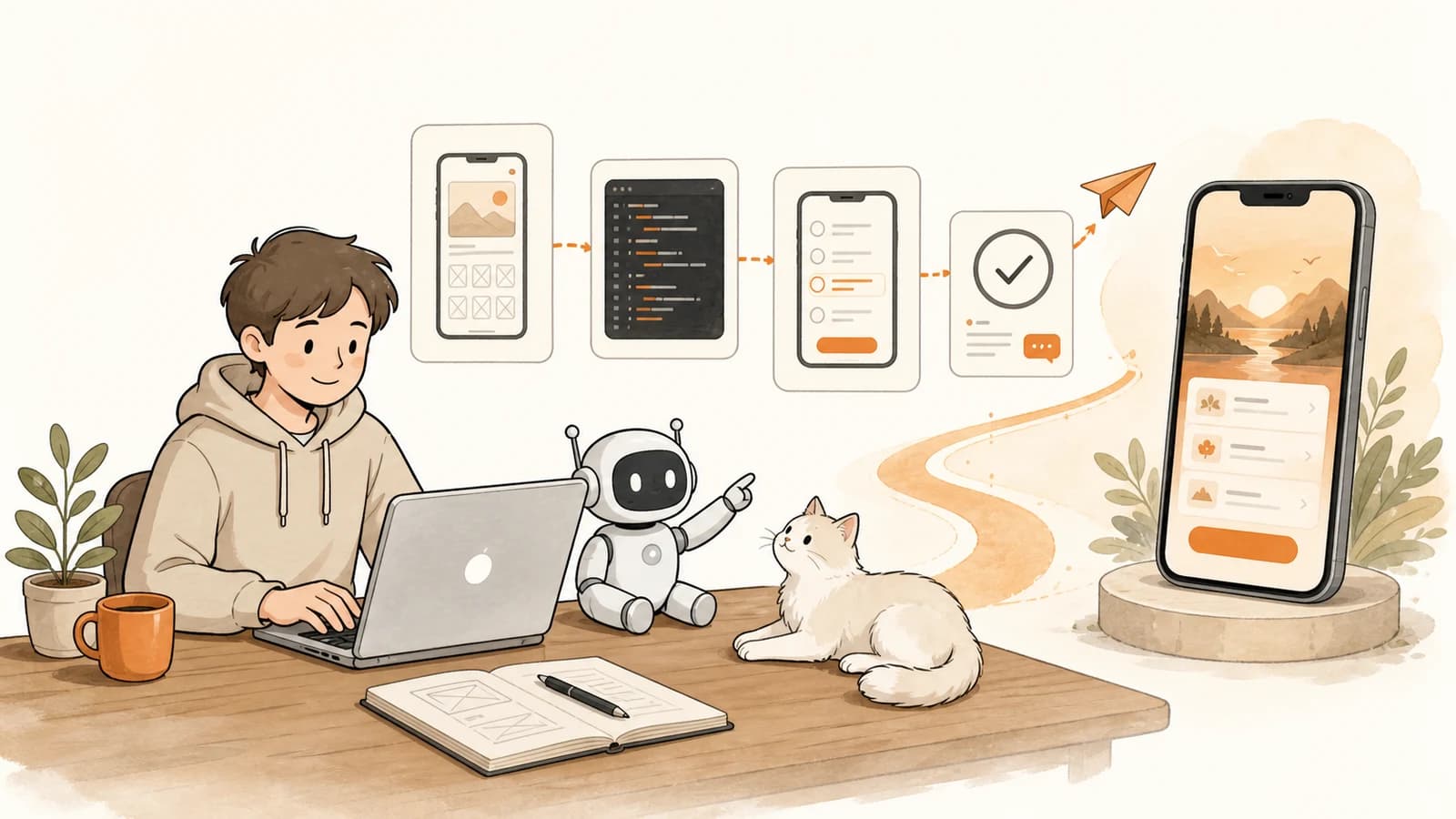從需求規劃、AI Coding、測試到完成 iOS App 的實作流程插畫